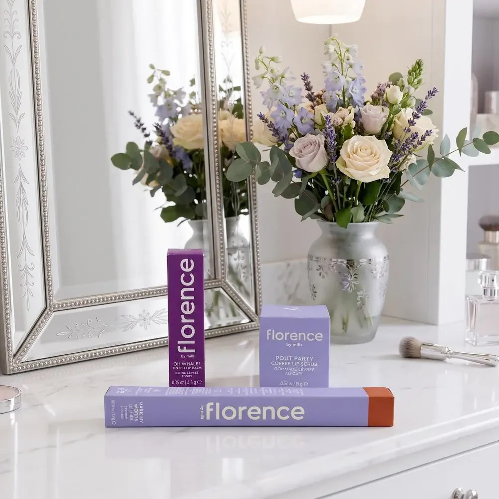 Florence by Mills 3 Piece Lip Set Tinted Balm Lip Liner Coffee Scrub